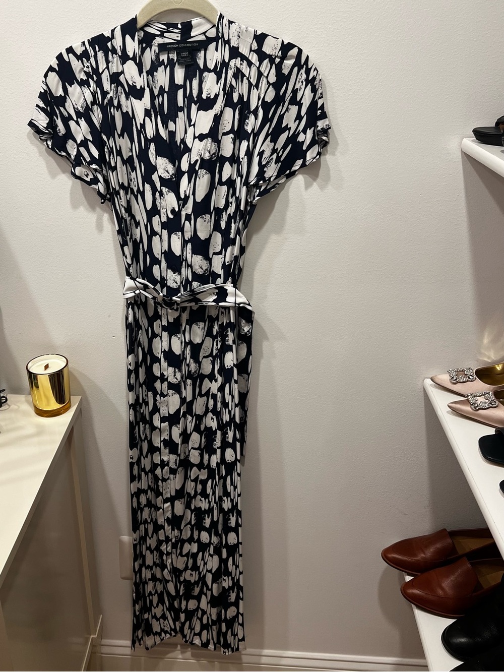 French Connection Navy and White Abstract Print Button Down Dress
